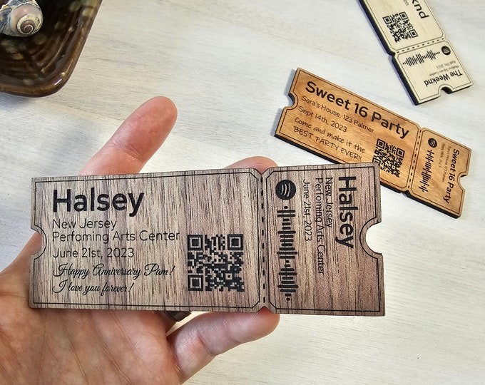 Concertkaartje voor houten evenementen - Op maat gemaakt gepersonaliseerd cadeau-onthullingskaartje met muzieknummercodes