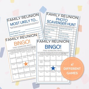 Four printable family reunion game templates: 'Most Likely To...', a photo scavenger hunt, and two bingo games. Perfect for family gatherings and fun activities. family games, family get together, family summer party