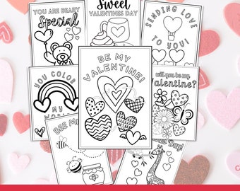 Kinder färben Valentinstagskarten-Sammlung, druckbares Valentinstagshandwerk, Malaktivität für Kinder, Buntstift-Valentinstag, handgemachte Valentinstags-Karten für Kinder