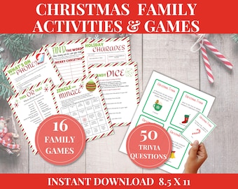 Könnte beinhalten: Ein Bild mit weihnachtlichen Familienspielen und Quizfragen. Das Bild zeigt verschiedene Spielblätter mit Titeln wie "What's on Your Phone?" und "Holiday Charades". Zwei Kreise zeigen "16 Familienspiele" und "50 Quizfragen".