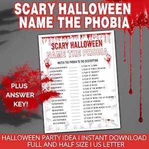 Läskig Halloween Match the Phobia-spel, Läskiga Halloween-spel, Läskigt fobi-partyspel, Halloween-partyspel för vuxna, Halloween-isbrytare