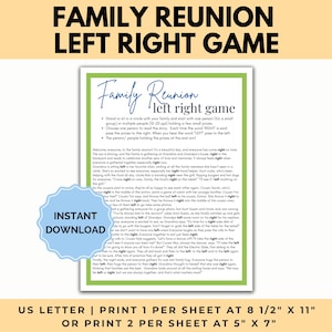 Family Reunion Left Right Game, family reunion games, printable reunion game, ice breaker games, Reunion pass the prize, summer reunion game