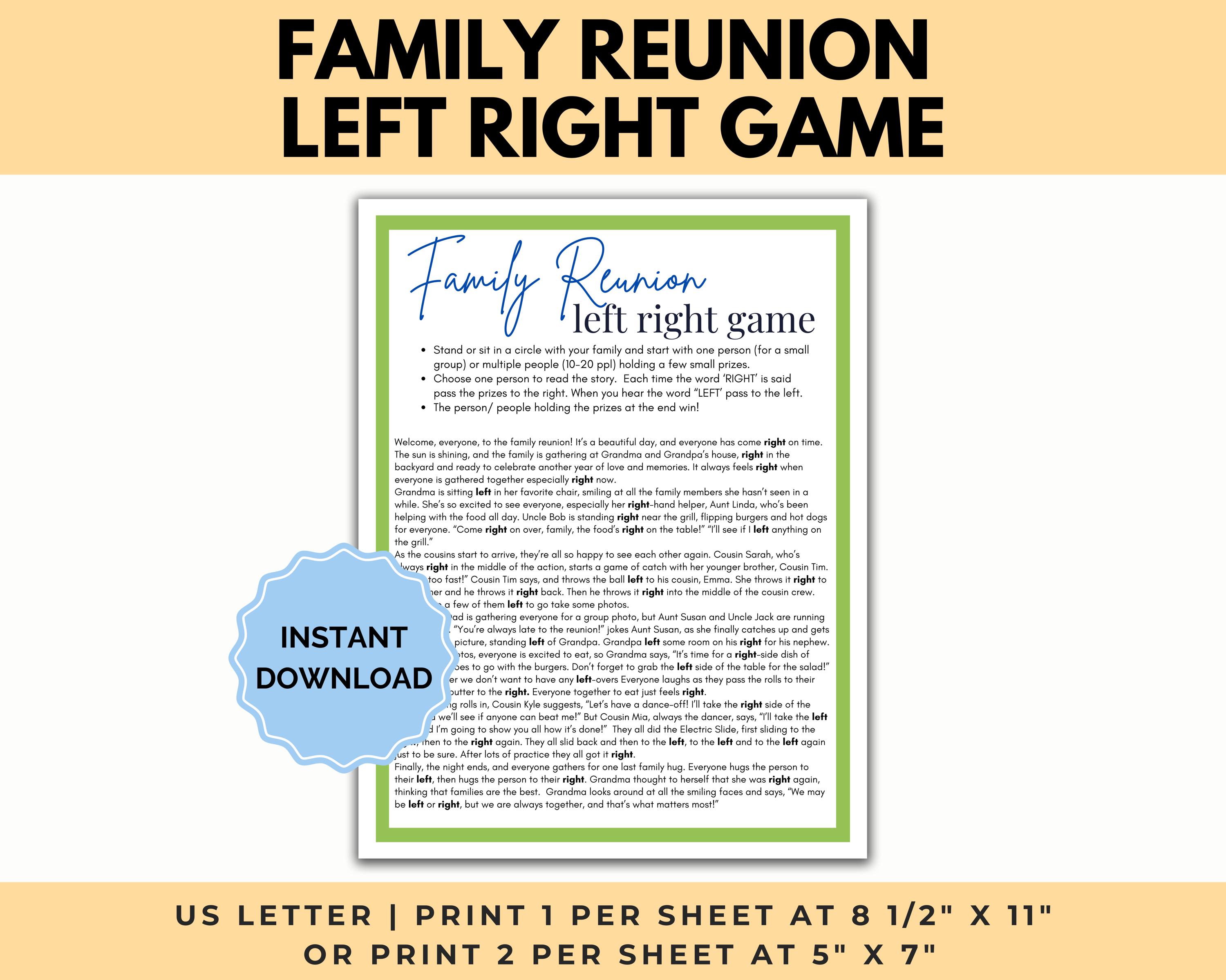 Family Reunion Left Right Game, family reunion games, printable reunion game, ice breaker games, Reunion pass the prize, summer reunion game