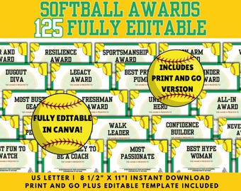Editable Softball Awards, Funny Softball Awards, End of season Award Certificates, softball team awards, Softball banquet awards, coach