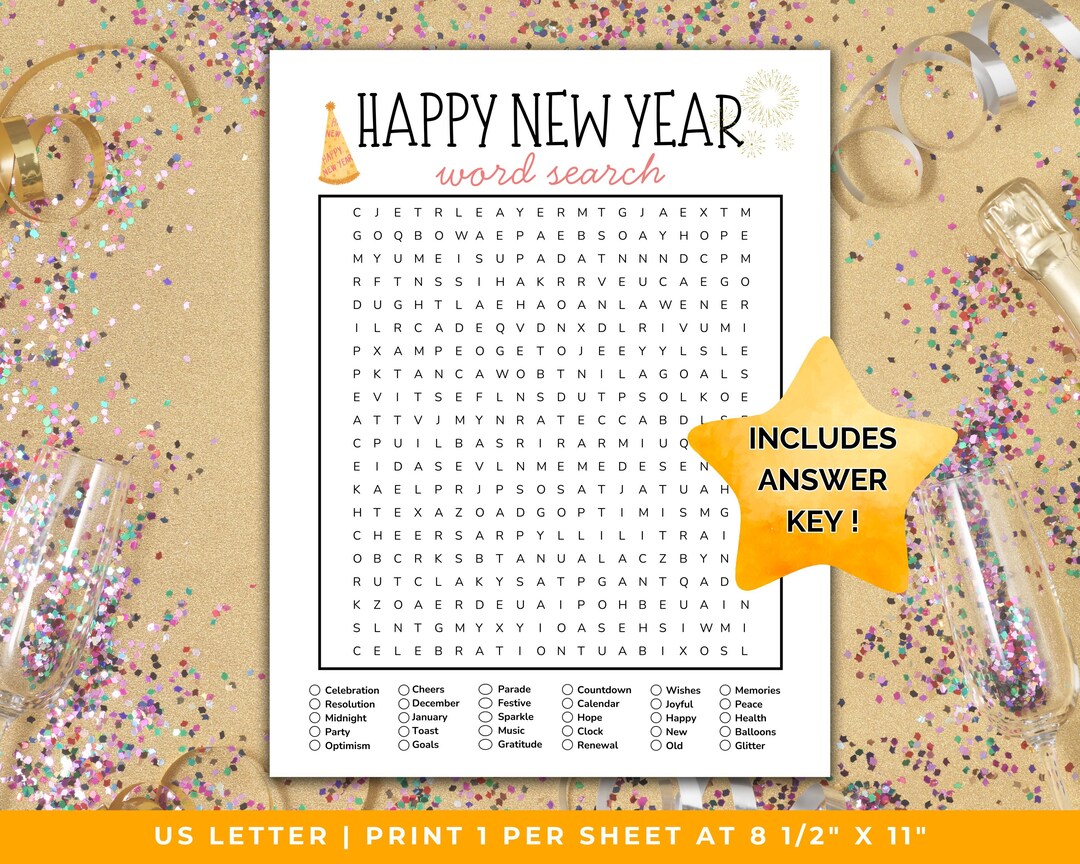 Happy New Year Word Search, New Year Word Search for Adults, Printable ...