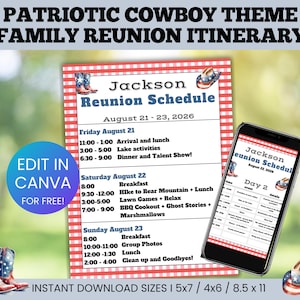 Bewerkbaar reisplan familiereünie patriottische cowboy, agenda westerse familiereünie, aangepast reisplan familiereünie, programma landenreünie