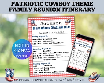 Editable Patriotic Cowboy Family Reunion Itinerary, Western Family Reunion Agenda, Custom Family Reunion Itinerary, Country Reunion Program