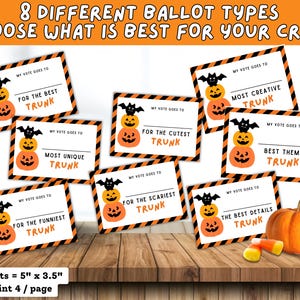 May include: Halloween-themed ballot cards with pumpkin and bat illustrations. The cards, measuring 5" x 3.5", are designed for voting on the best trunk. Text includes "My Vote Goes To" and categories like "Best Trunk" and "Most Creative Trunk".