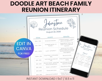 Doodle Art Family Beach Reunion Itinerary, Beach Family Reunion Agenda, Custom Beach Reunion Schedule, Costal Family Reunion agenda template