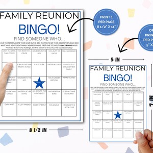May include: A printable family reunion bingo game card with a blue star in the center. The card has 25 squares with different prompts for finding someone who matches the description. The card is 8.5 inches by 11 inches and can be printed on a standard sheet of paper.
