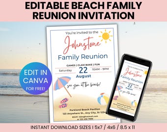 Editable Beach Family Reunion Invitation Template, Family Reunion Beach Invitation, Custom Reunion Invitation, Reunion invite template,