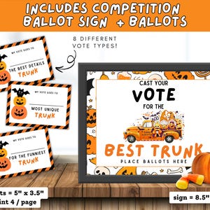 trunk or treat sign, halloween voting cards, fun halloween ideas, neighborhood trunk or treat party, non-candy halloween