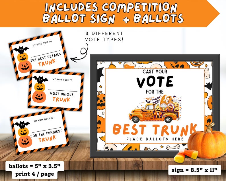 trunk or treat sign, halloween voting cards, fun halloween ideas, neighborhood trunk or treat party, non-candy halloween