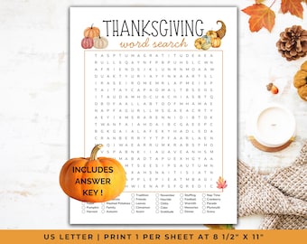 Thanksgiving Word Search, Word Search for Adults, Printable Thanksgiving Activity, Friendsgiving Games, Family Gathering Thanksgiving Game