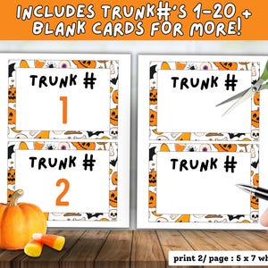 May include: Halloween-themed printable cards with the text "TRUNK #" and numbers 1 and 2. The cards have a decorative border with pumpkins, bats, and other Halloween elements. The image also includes a pumpkin, candy corn, and scissors.