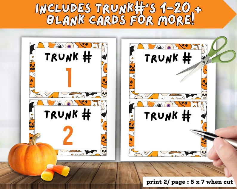 May include: Halloween-themed printable cards with the text "TRUNK #" and numbers 1 and 2. The cards have a decorative border with pumpkins, bats, and other Halloween elements. The image also includes a pumpkin, candy corn, and scissors.
