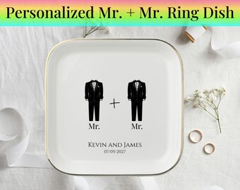 Personalized Mr. and Mr. Ring Dish, Gay Wedding Keepsake, Custom Groom Jewelry Tray, Same-Sex Couple Wedding Gift, Tuxedo Trinket Dish, mrmr