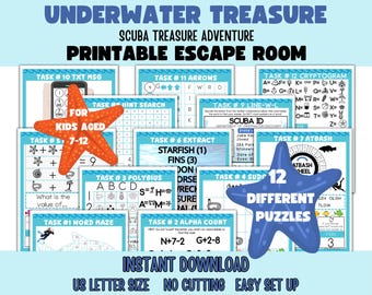 Unterwasser-Schatz-Fluchtraum für Kinder, Druckbare Escape Raum für Kinder, Pyjama-Party Spiel, Kinder druckbare Fluchtraum, Schatzsuche-Spiel