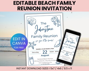 Beach Family Reunion Invitation Template, Hand Drawn Family Reunion Beach design Invitation, Reunion Invitation, Reunion invite template,