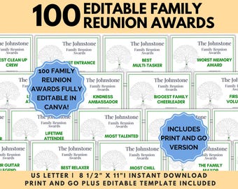 Editable Family Reunion Awards, funny family certificates, family reunion games, printable Family awards, Family reunion party awards