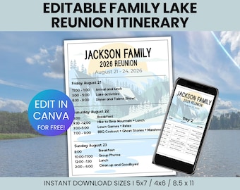 Editable Family Lake Reunion Itinerary, Family Reunion Agenda, Custom Reunion Schedule, Family Reunion event template, Lake Reunion program