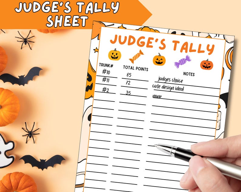 May include: A Halloween-themed Judge's Tally Sheet with orange pumpkins, candy, and jack-o'-lantern illustrations. The sheet includes columns for trunk numbers, total points, and notes. Black bats and spiders decorate the background.