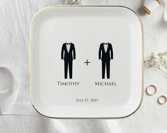 Personalized Gay Wedding Ring Dish, Gay Wedding Keepsake gift, Custom Groom Jewelry Tray, Same-Sex Couple Wedding Gift, Tuxedo Trinket Dish