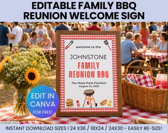 Editable Family BBQ Reunion Welcome Sign, BBQ Reunion Welcome Sign, Custom Reunion Poster, Summer Family BBQ, Family Reunion Decoration Sign