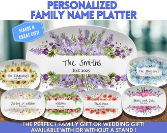 Custom Family Name Platter, Personalized Wedding Gift plate, Flower Themed Engagement Gift, Anniversary Platter Gift, Family Grilling Plate