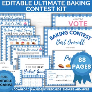 May include: A blue and white gingham-patterned baking contest kit with various forms, including signup sheets, scorecards, and awards. The kit includes the text "Editable Ultimate Baking Contest Kit" and "Full Editable in Canva."