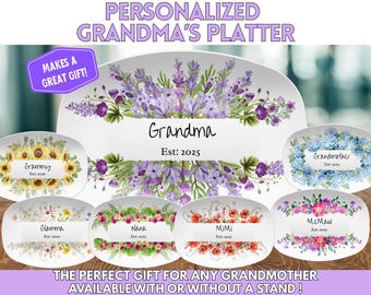 Flower themed personalized platter for Grandma, Custom flower Grandma Platter, Gift for Grandma Plate, Established Date Gift for Grandma
