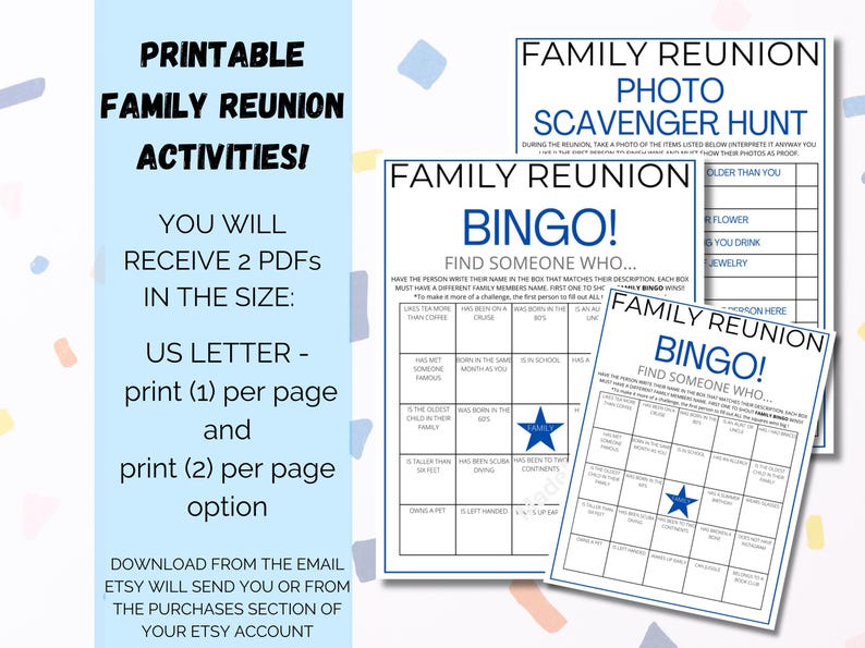 family reunion bingo games, family ice breaker game, summer reunion, family party, family get together