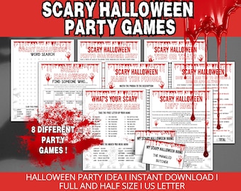 May include: A collection of eight different printable Halloween party games. The games include a word search, photo scavenger hunt, and a game called "This or That?" The design features a red and white color scheme with dripping blood accents.