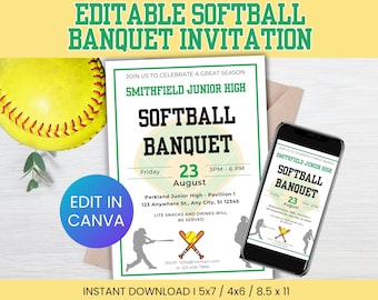Puede incluir: Una invitación a un banquete de softbol con una pelota de softbol amarilla y el texto "EDITABLE SOFTBALL BANQUET INVITATION". La invitación incluye el texto "SOFTBALL BANQUET" y los detalles del evento. Un smartphone muestra la invitación.