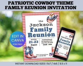Editable Patriotic Cowboy Family Reunion Invitation Template, Country Family Reunion Invitation, Western themed family Reunion Invitation