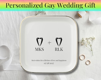 Personalized Mr. and Mr. Wedding Ring Dish, Gay Wedding Keepsake, Same-Sex Couple Wedding Gift, Unique gay Wedding Gift, Gay Engagement gift