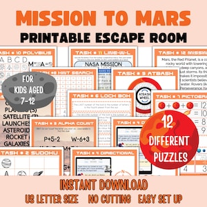 Mission to Mars Escape Room for kids, Printable escape room for kids, Mission to Mars game, Kids birthday party activity, Space Escape room
