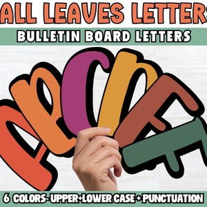 May include: A set of bulletin board letters featuring the text FALL LEAVES LETTERS and BULLETIN BOARD LETTERS. The letters A, B, C, D, E, and F are displayed in orange, light orange, purple, yellow, brown, and green with thick black outlines.