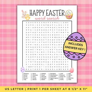 May include: A printable Happy Easter word search puzzle on white paper with a pink plaid background. The puzzle includes an answer key and features Easter-themed words and graphics, such as bunnies, chicks, and Easter eggs. The paper size is 8 1/2" x 11".