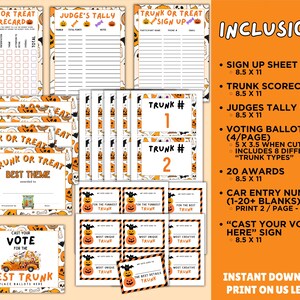 May include: A collection of Halloween-themed printables, including scorecards, sign-up sheets, voting ballots, awards, and car entry numbers. The designs feature pumpkins, bats, and the text "Trunk or Treat".