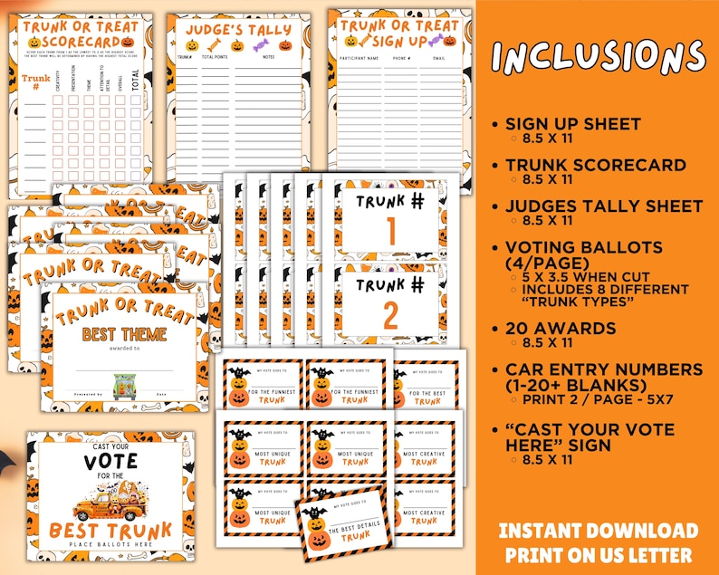 May include: A collection of Halloween-themed printables, including scorecards, sign-up sheets, voting ballots, awards, and car entry numbers. The designs feature pumpkins, bats, and the text "Trunk or Treat".