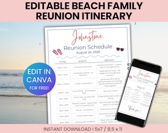 Editable Family Beach Reunion Itinerary Template, Beach Family Reunion Agenda, Custom Reunion Itinerary, Beach Reunion program template