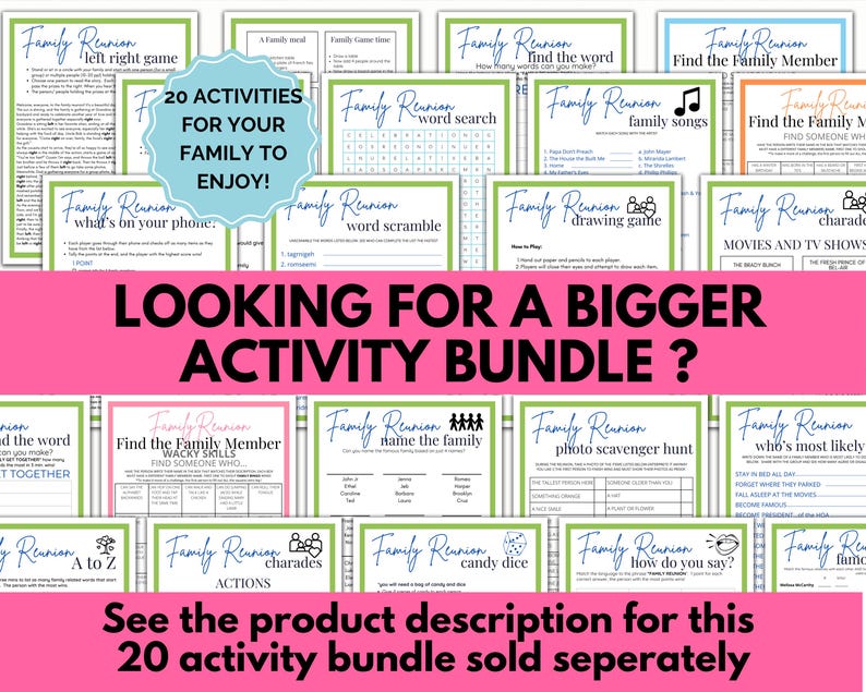 family reunion games bundle, reunion game bundle, 20 reunion activities