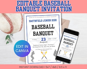 Bearbeitbare Baseball Awards Bankett-Einladungsvorlage, Baseball-Party-Einladung, benutzerdefinierte Baseball-Einladung zum Saisonende, Baseball einladen