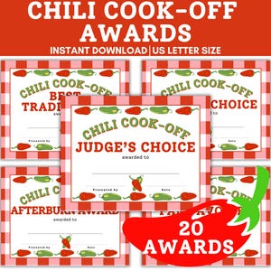 May include: A collection of 20 chili cook-off awards. The awards have a red and white checkered border and feature text such as "Best Traditional" and "Judge's Choice". The awards are decorated with illustrations of chili peppers.