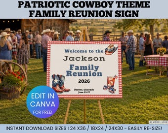 Editable Patriotic Cowboy Family Reunion Welcome Sign, Western Themed Reunion Welcome Sign, Country Reunion Poster, Summer Family Reunion