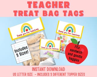 Teacher Appreciation Treat tags, Rainbow Teacher gift bag tags, Appreciation gift printable tags, classroom party treat bag topper, teachers