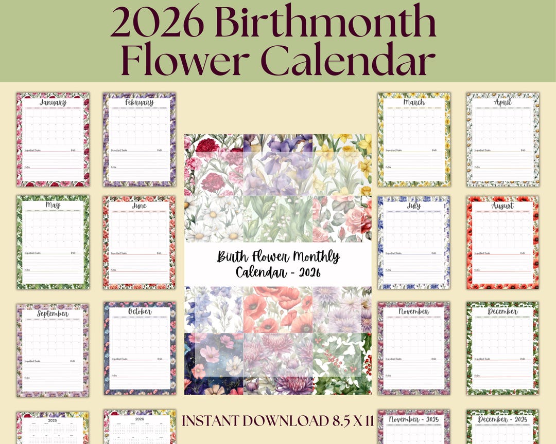 Flower of the Month 2026 Calendar, 2026 Printable Calendar Planner ...