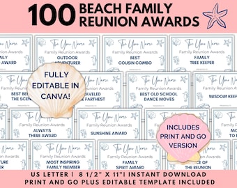 Editable Family Reunion Awards Printable, Funny Family Reunion Award Certificates, Family Beach Reunion Awards, Beach Themed Reunion Awards