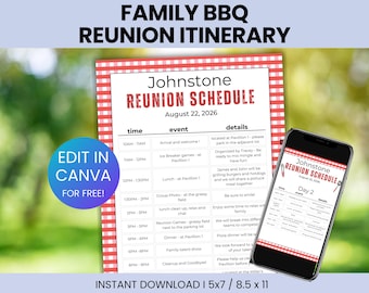 Editable Family Reunion BBQ Itinerary Template, Reunion BBQ Agenda, Custom Reunion Itinerary, Summer Family BBQ, Reunion program template